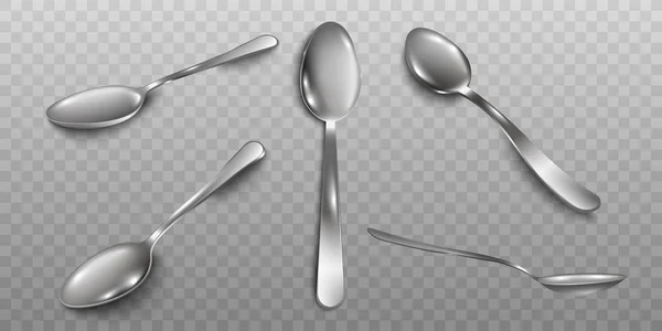 Set of different angles of metal spoons realistic vector illustration isolated. — Stock Vector