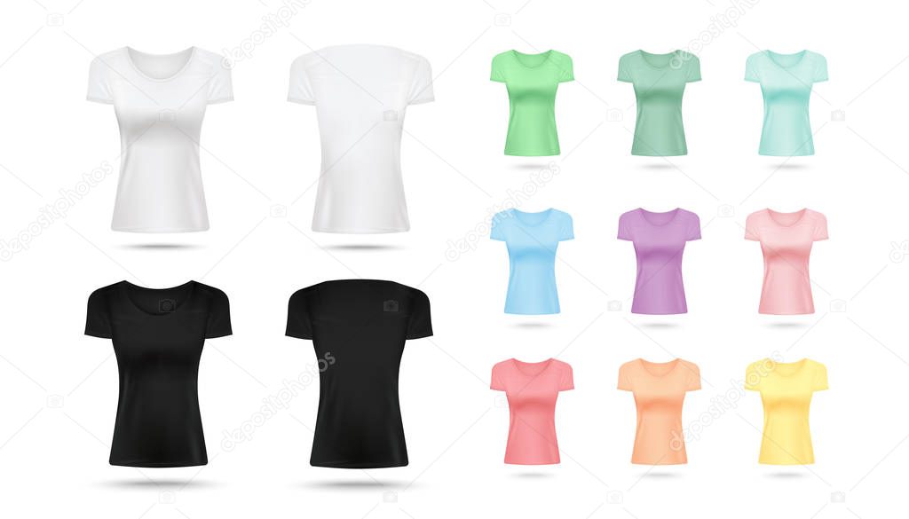 Realistic womens T-shirt mockup set in black, white and colorful pastel palette