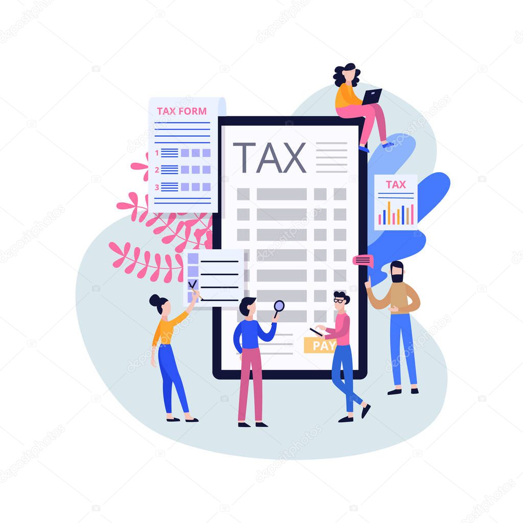 Online tax service poster - cartoon people surrounding giant smartphone screen