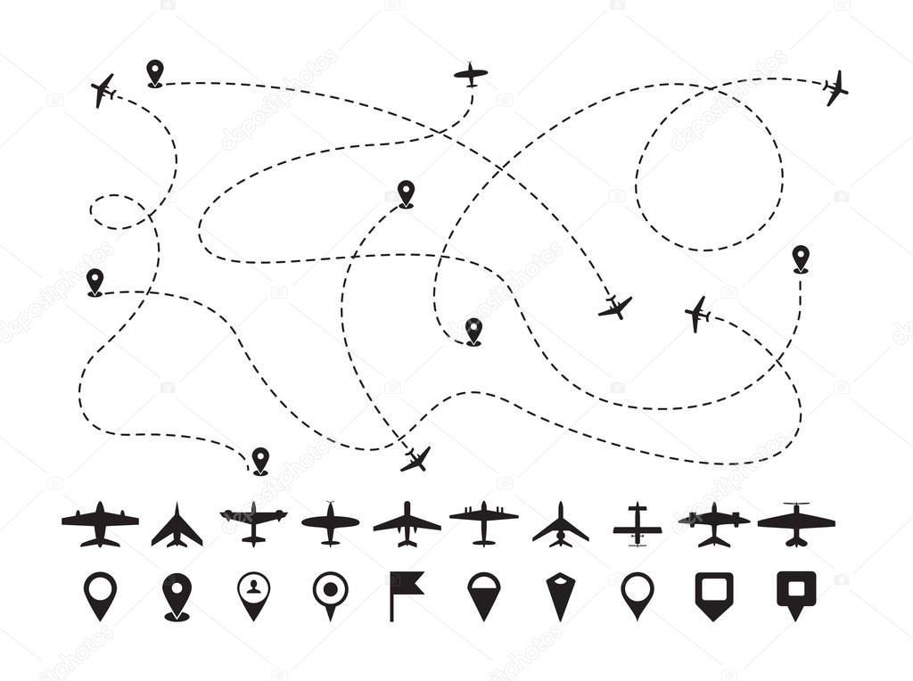 Airplane path line and icon set - black silhouette collection of destination symbols