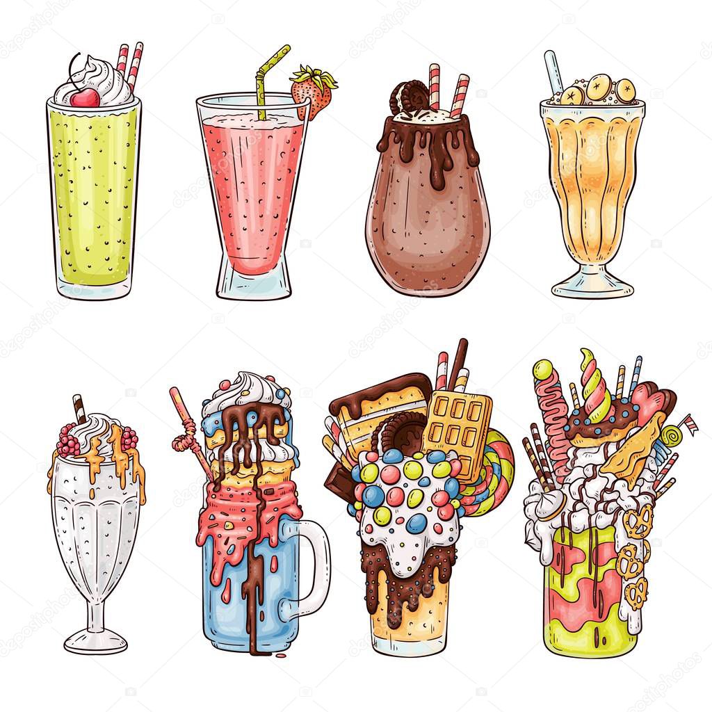 Colorful milkshake drawing set - healthy drinks and crazy sweet cocktails