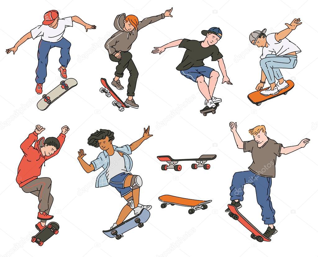 Cartoon teenage boys jumping on skateboards - isolated flat set