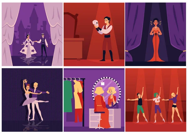 Dramáticos actores de teatro, cantantes y bailarines de ballet en el escenario conjunto de ilustraciones de vectores planos . — Vector de stock