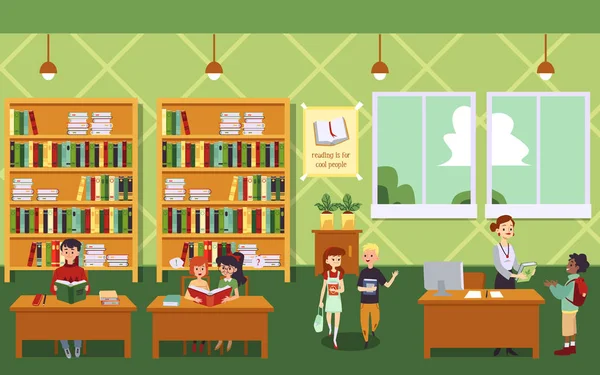Симпатичные дети, читающие книги и библиотекарь в библиотеке плоской иллюстрации мультфильма . — стоковый вектор