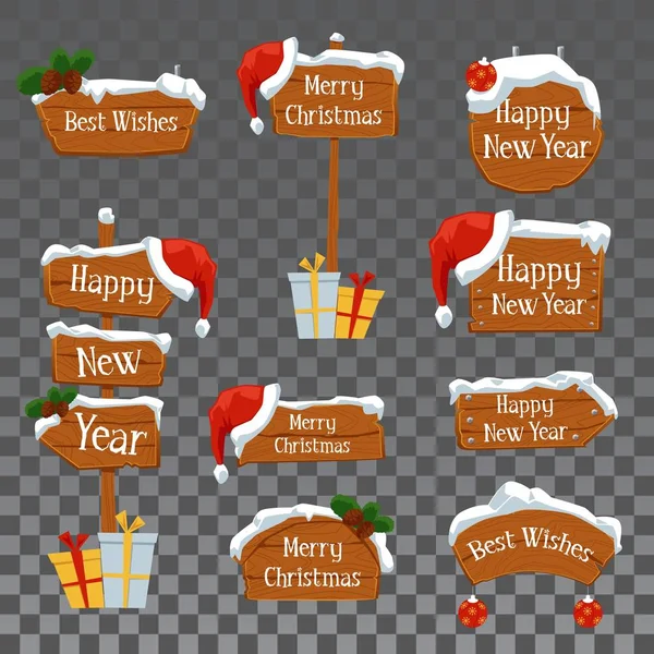 Julen trä skyltar uppsättning av tecknade vektor illustrationer isolerade. — Stock vektor