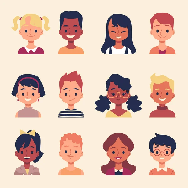 Mignon dessin animé enfants portrait ensemble différent groupe diversifié de garçons et de filles — Image vectorielle