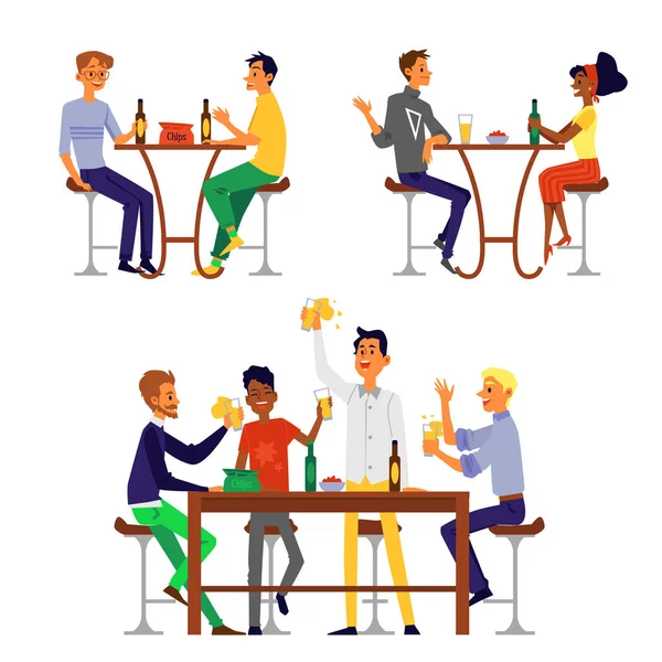 Ensemble de groupes de personnes buvant de la bière, illustration de dessin animé plat isolé . — Image vectorielle