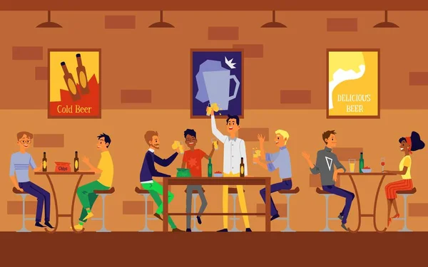 Bar à bière ou restaurant intérieur avec des personnes illustration vectorielle dessin animé plat . — Image vectorielle