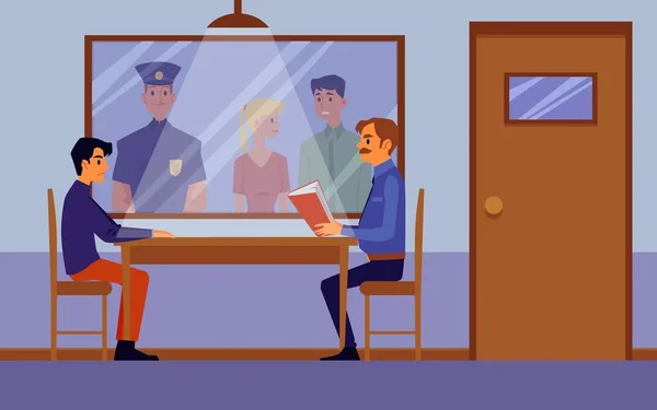 Police interrogation room interior with cartoon policeman questioning suspect — Stock Vector