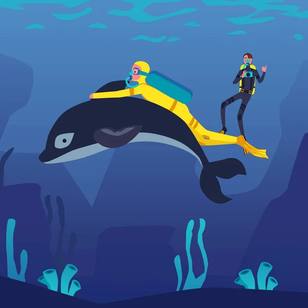 노란 의상을 입고 수중 잠수부와 함께 잠수하는 만화가 스쿠버 다이빙 — 스톡 벡터