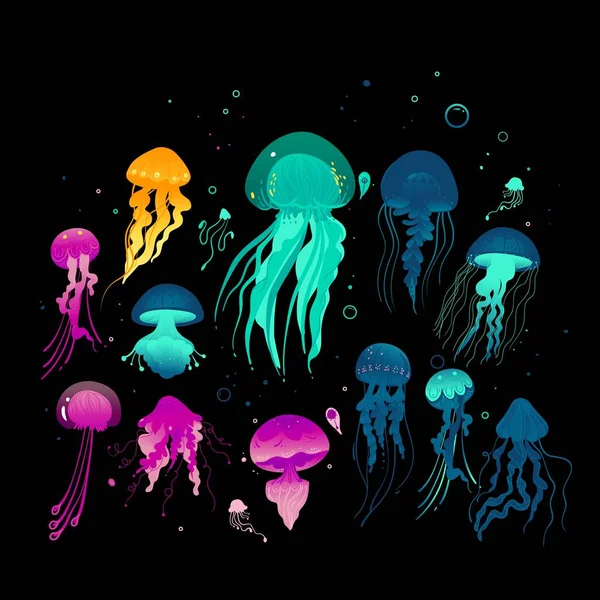 Colorato meduse modello senza soluzione di continuità creature marine incandescenti su sfondo nero — Vettoriale Stock