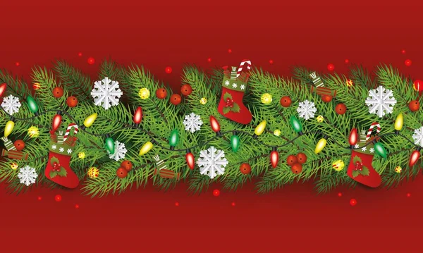 Xmas green tree guirlande mit weihnachtsstrümpfen cartoon vector illustration. . — Stockvektor