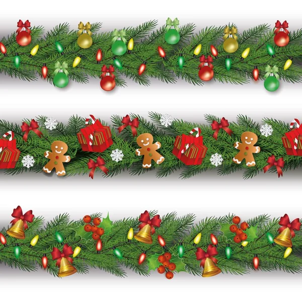 Conjunto de tres guirnaldas navideñas de abeto o pino e ilustración vectorial decorada aislada . — Vector de stock