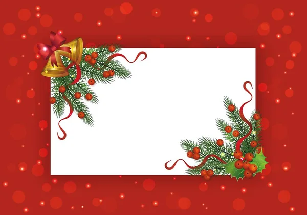 Vit jul kort mall på röd festlig bakgrund med hörn gren ram — Stock vektor