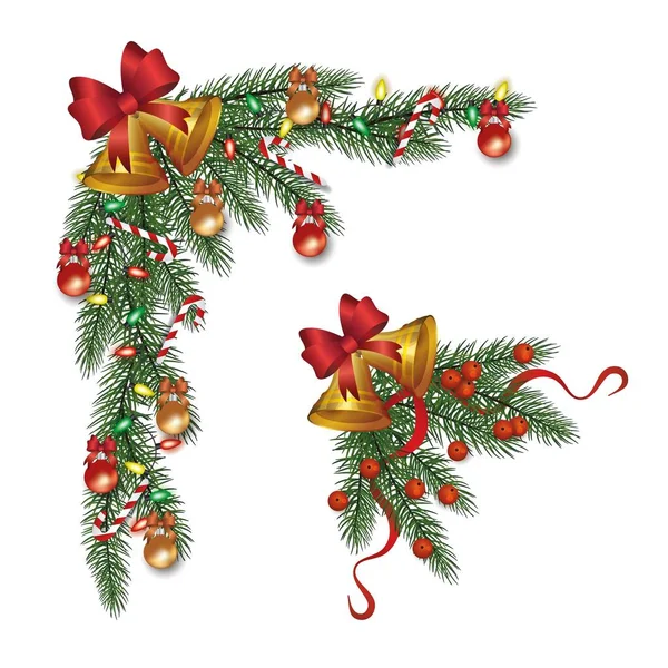Set of decorative fir corner with Christmas bells vector illustration isolated. — Stock Vector