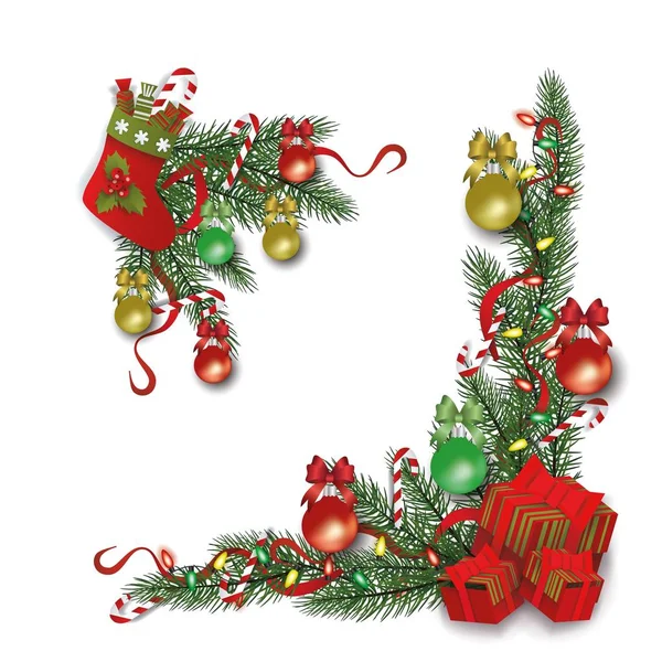 Christmas card corner decoration set - fir pine tree branches border — Stock Vector