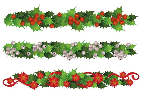Set Navidad acebo y flores de muérdago guirnalda vector ilustración aislado . — Vector de stock