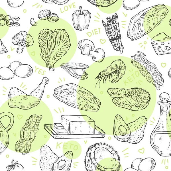 Healthy keto diet food - green and yellow seamless pattern with line drawings — Stock Vector
