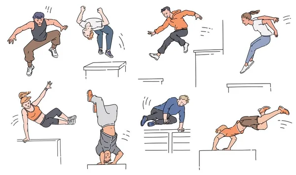 Parkour extreme sport athletes cartoon sketch vector illustrations set isolated. — 스톡 벡터