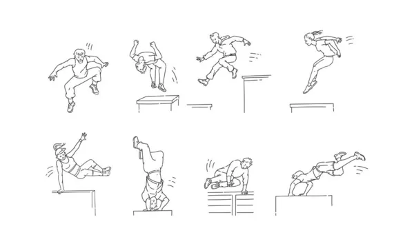 Parkour tahy set - kreslené lidi skákání, točení a dělat backflip — Stockový vektor