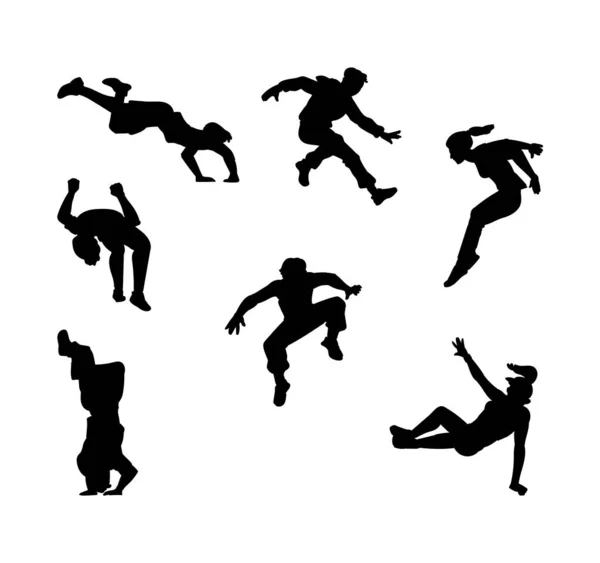 Black parkour people silhouette set - flat cartoon outline collection — Stock Vector