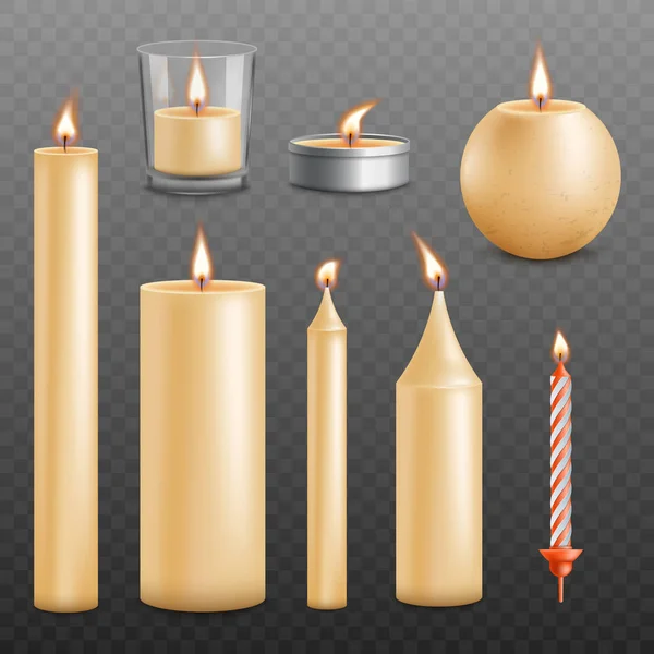 Set di candele decorative con fiamma realistica illustrazione vettoriale isolato . — Vettoriale Stock