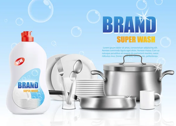 Plantilla de cartel de anuncio de marca de jabón para platos - botella de plástico blanco de detergente para platos — Archivo Imágenes Vectoriales