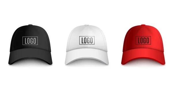 Realistische baseball cap front view mockup set met tekst logo sjabloon. — Stockvector