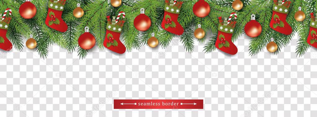 Seamless Christmas tree branch top border with gift stockings and baubles