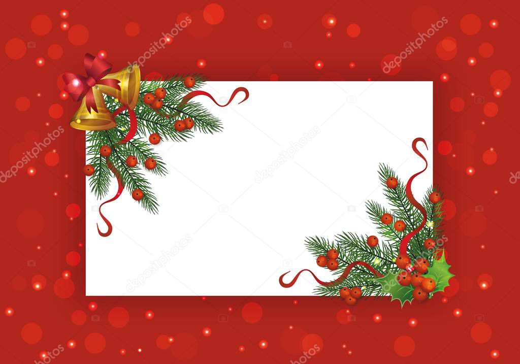 White Christmas card template on red festive background with corner branch frame