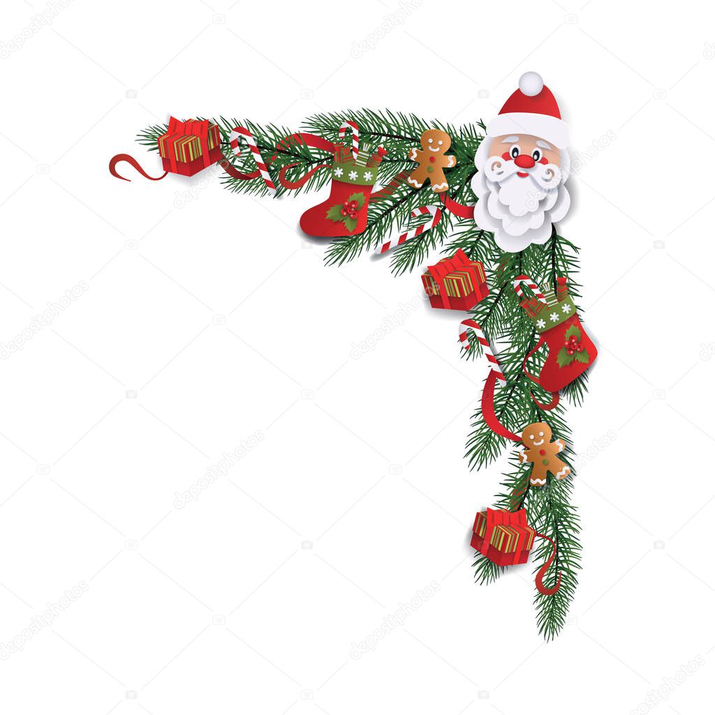 Christmas corner border with Santa decoration, gingerbread man cookies, gift stockings