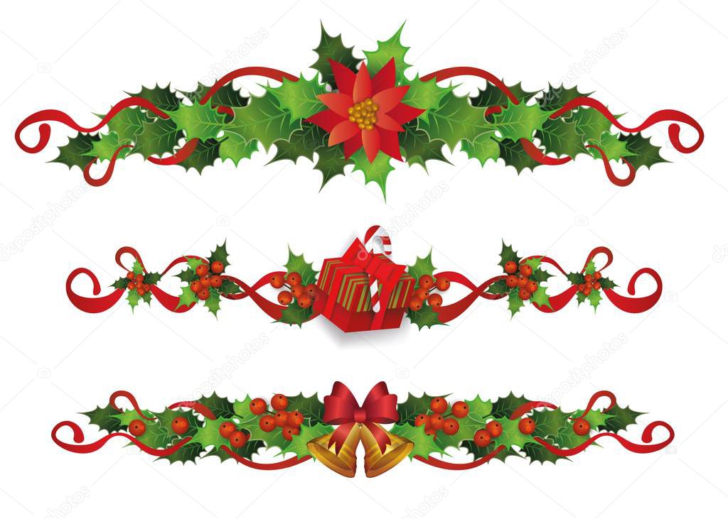 Christmas holiday border set - red holly berries and green leaves with ribbons