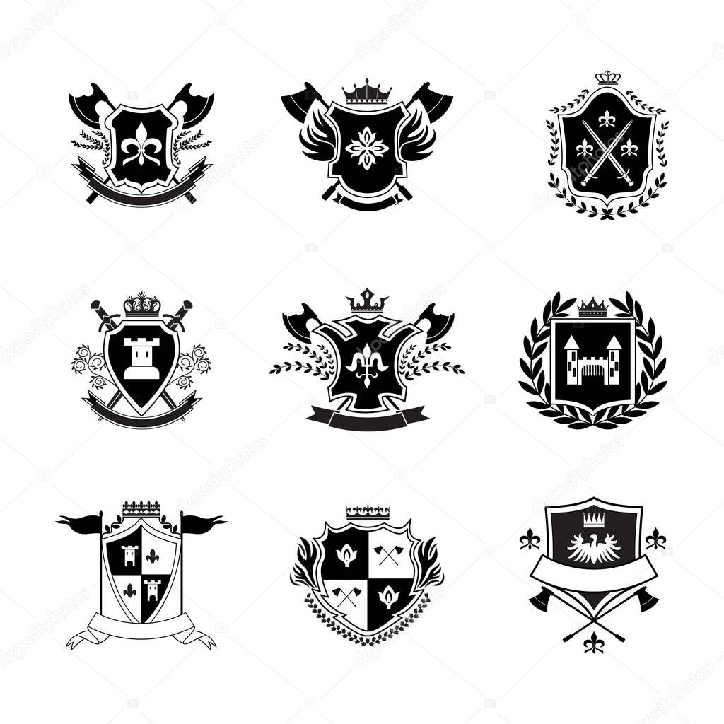 Ornate royal shield badge set isolated on white background