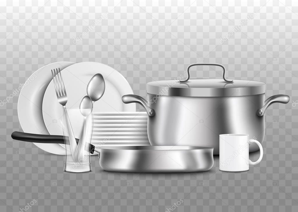 Clean shiny kitchen utensils and tableware 3d vector illustration isolated.