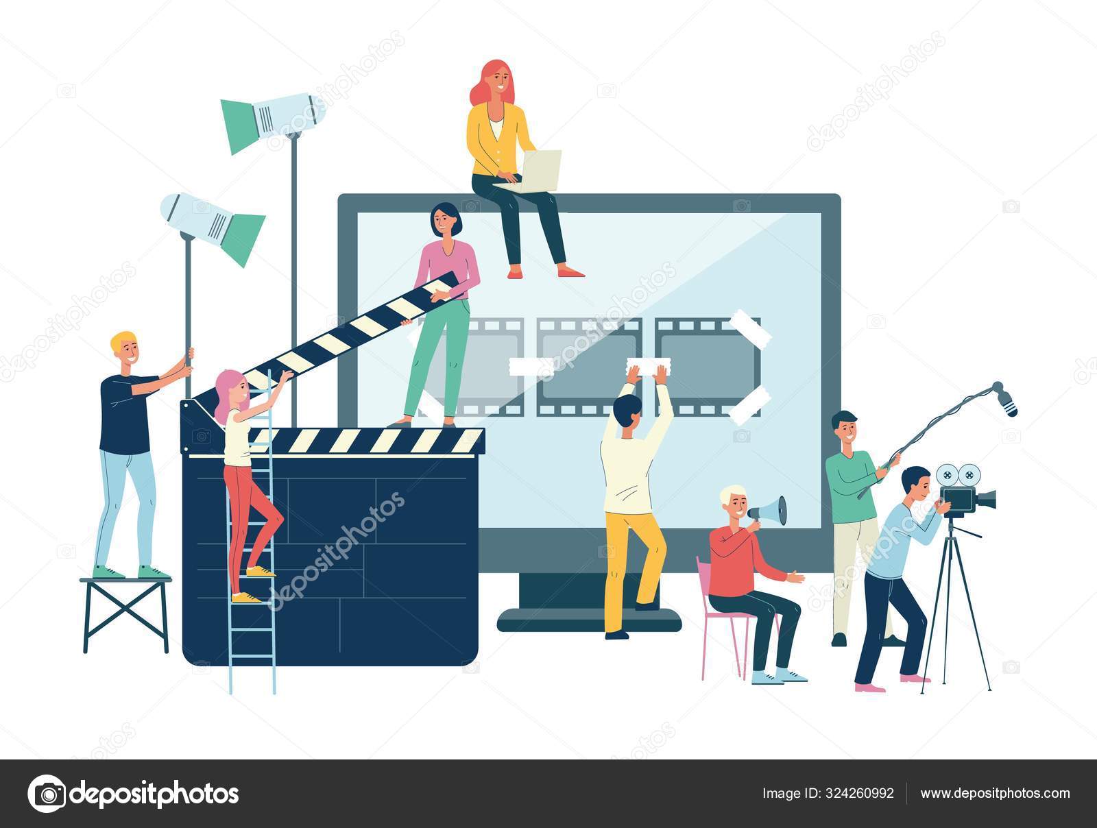 Movie production crew banner - cartoon people with giant cinema equipment Stock Vector Image by ©Sabelskaya #324260992 Movie production crew banner - cartoon people with giant cinema equipment Stock Vector Image by ©Sabelskaya #324260992