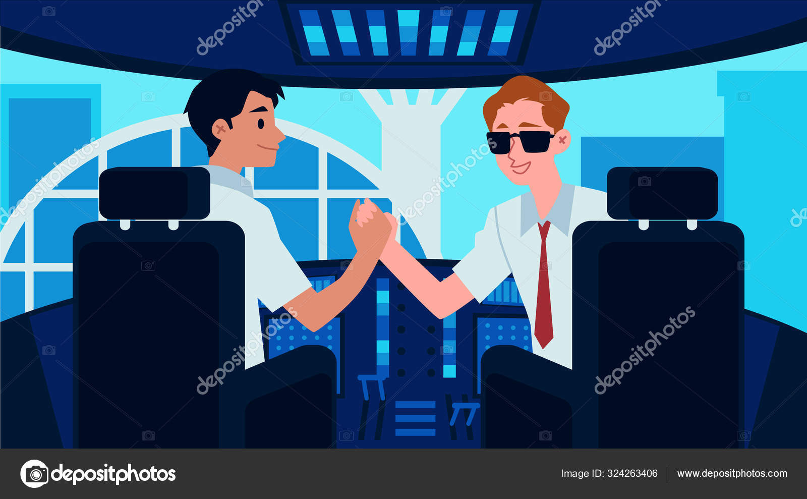 Airplane cockpit interior with cartoon captain and copilot shaking