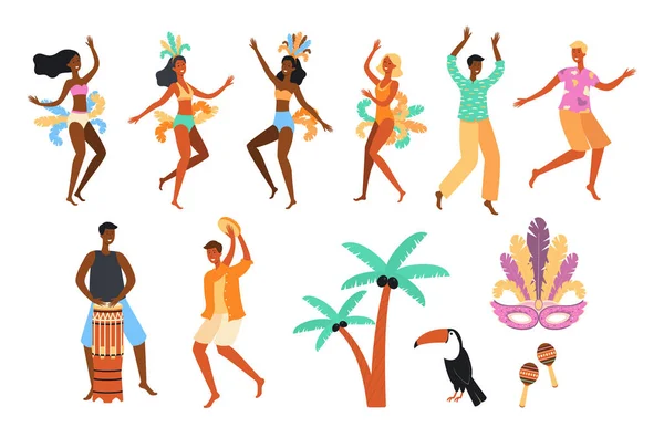 Carnaval brasileño personas bailando y tocando música - conjunto plano aislado de hombres de dibujos animados — Vector de stock