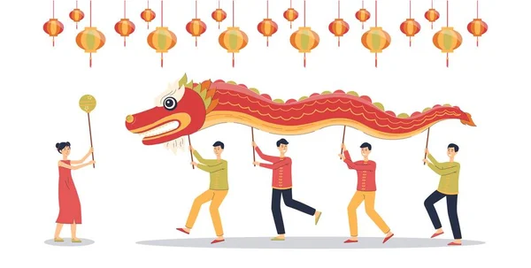 Cartoon-Menschen mit chinesischem roten Drachen-Maskottchen über dem Kopf — Stockvektor