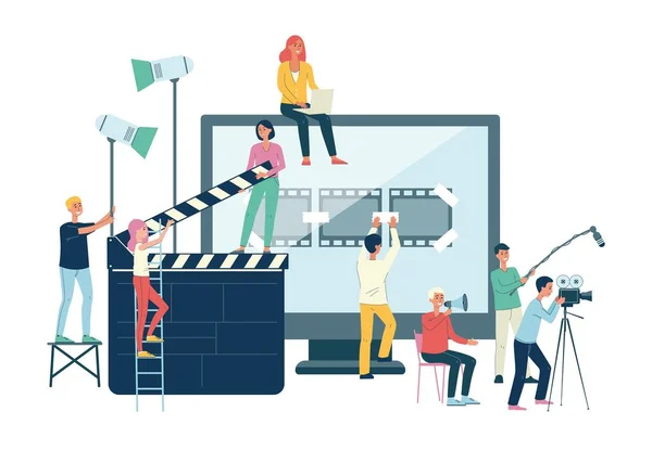 Film productie crew banner - cartoon mensen met gigantische bioscoop apparatuur — Stockvector