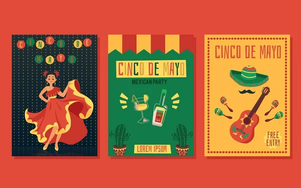 Cinco de Mayo parti inbjudan kort set - platt tecknad flygblad samling — Stock vektor