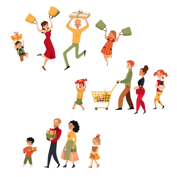 Conjunto de compras familiares con personajes de personas ilustración vectorial plana aislada . — Archivo Imágenes Vectoriales