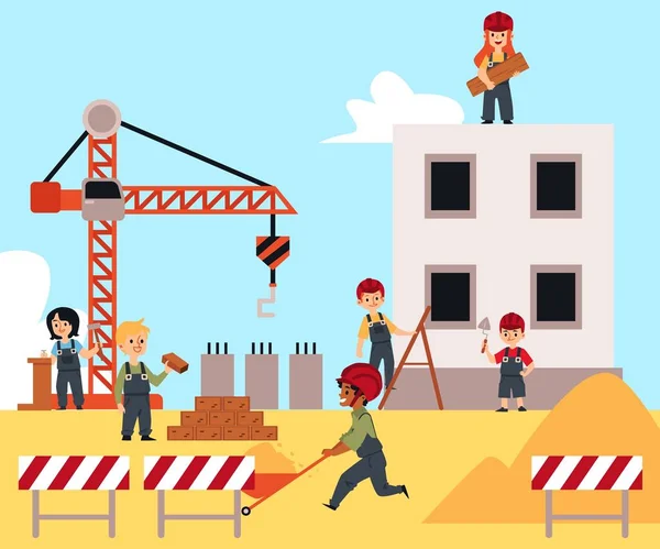 Enfants en uniforme de constructeur travaillant sur le chantier — Image vectorielle