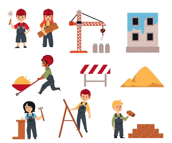 Desenhos animados crianças trabalhadores da construção - conjunto isolado. Meninos e meninas de uniforme — Vetor de Stock