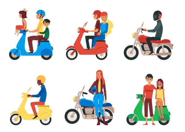 バイクに乗る人々 -白い背景に隔離されたフラット漫画セット. — ストックベクタ