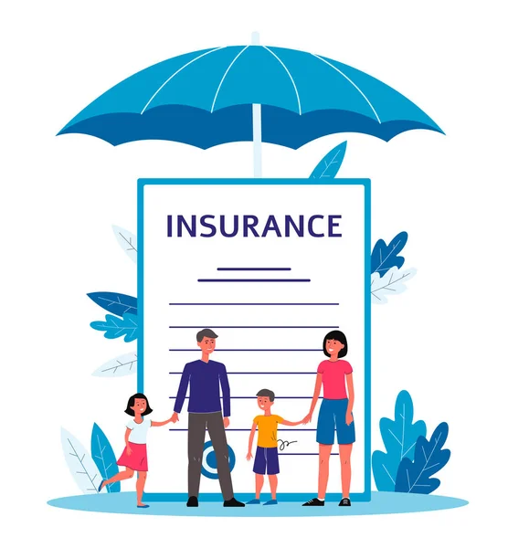 Assicurazione famiglia - personaggi dei cartoni animati in piedi vicino al gigantesco documento contrattuale — Vettoriale Stock