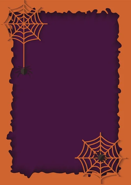 Papel violeta de fondo cortado y marco naranja con una red colgante de araña peligrosa y venenosa . — Archivo Imágenes Vectoriales