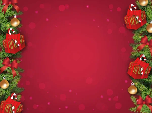 Plantilla de fondo de Navidad de invierno rojo con borde de ramas de abeto, regalos, cinta y bolas para la decoración . — Vector de stock