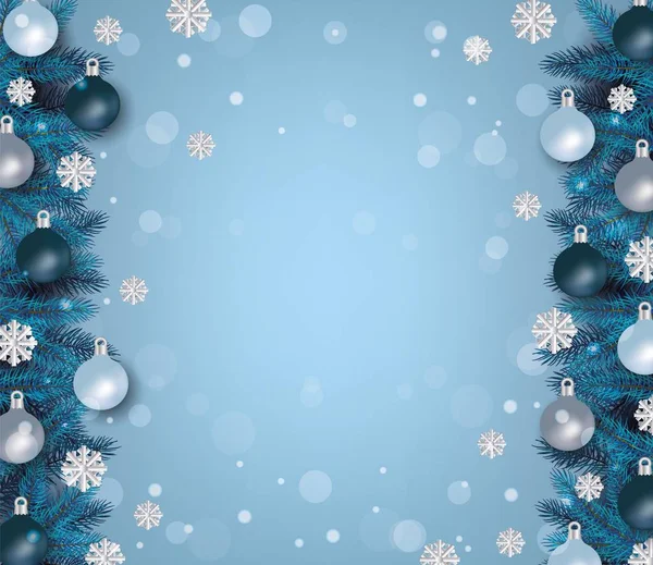 Fondo de Navidad de invierno y diciembre con borde de ramas de abeto, copos de nieve y bolas . — Vector de stock