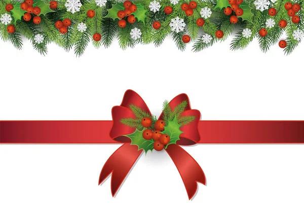 Karácsonyi határ és téli dekoráció karácsonyfa és magyal ágak, íj és piros szalag. — Stock Vector