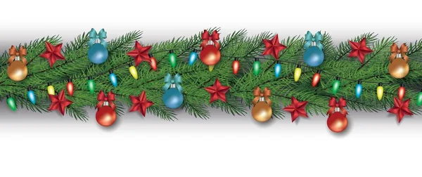 Christmas tree branch border with holiday decorations isolated on white background — Stock Vector